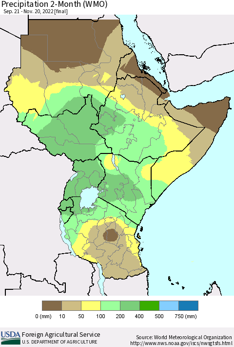 Eastern Africa Precipitation 2-Month (WMO) Thematic Map For 9/21/2022 - 11/20/2022