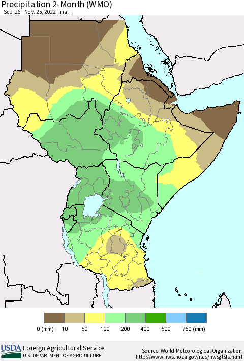 Eastern Africa Precipitation 2-Month (WMO) Thematic Map For 9/26/2022 - 11/25/2022