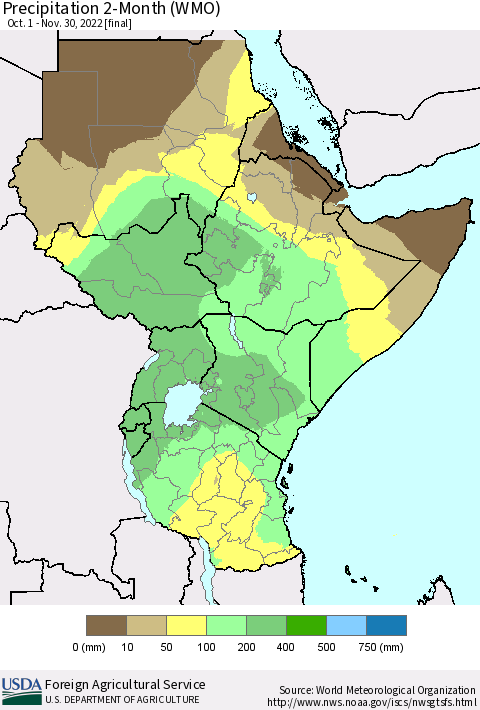 Eastern Africa Precipitation 2-Month (WMO) Thematic Map For 10/1/2022 - 11/30/2022