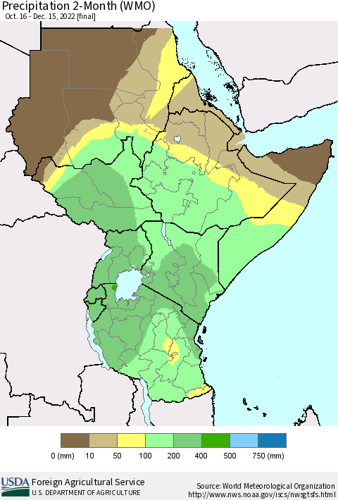 Eastern Africa Precipitation 2-Month (WMO) Thematic Map For 10/16/2022 - 12/15/2022