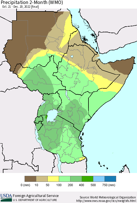 Eastern Africa Precipitation 2-Month (WMO) Thematic Map For 10/21/2022 - 12/20/2022