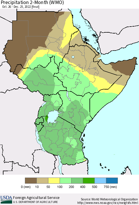 Eastern Africa Precipitation 2-Month (WMO) Thematic Map For 10/26/2022 - 12/25/2022