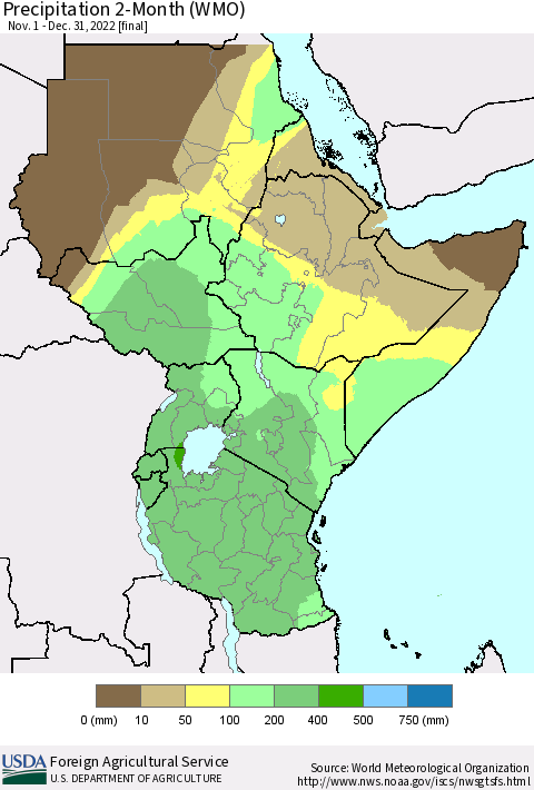 Eastern Africa Precipitation 2-Month (WMO) Thematic Map For 11/1/2022 - 12/31/2022