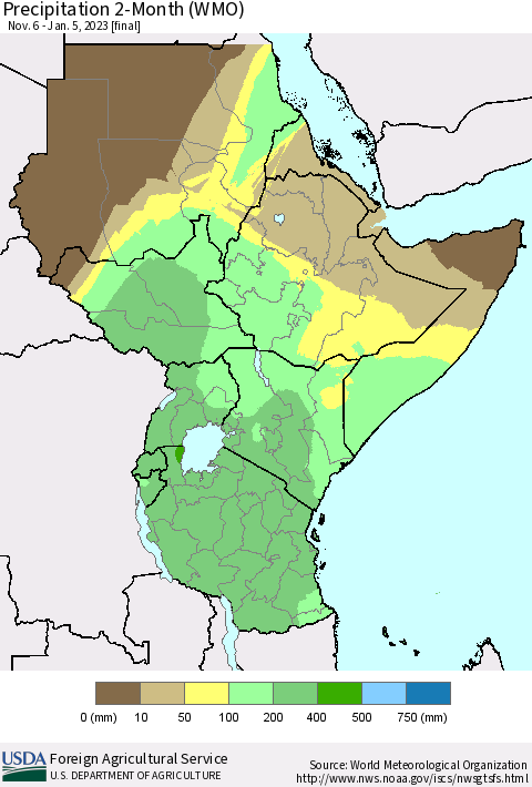 Eastern Africa Precipitation 2-Month (WMO) Thematic Map For 11/6/2022 - 1/5/2023