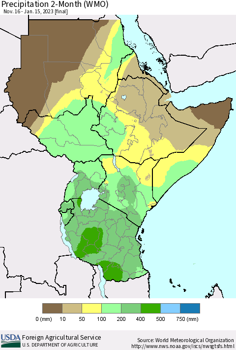 Eastern Africa Precipitation 2-Month (WMO) Thematic Map For 11/16/2022 - 1/15/2023