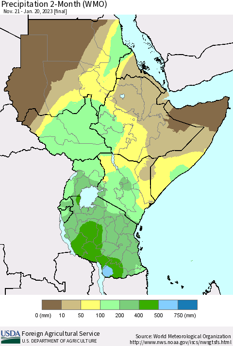 Eastern Africa Precipitation 2-Month (WMO) Thematic Map For 11/21/2022 - 1/20/2023