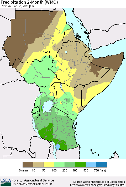 Eastern Africa Precipitation 2-Month (WMO) Thematic Map For 11/26/2022 - 1/25/2023