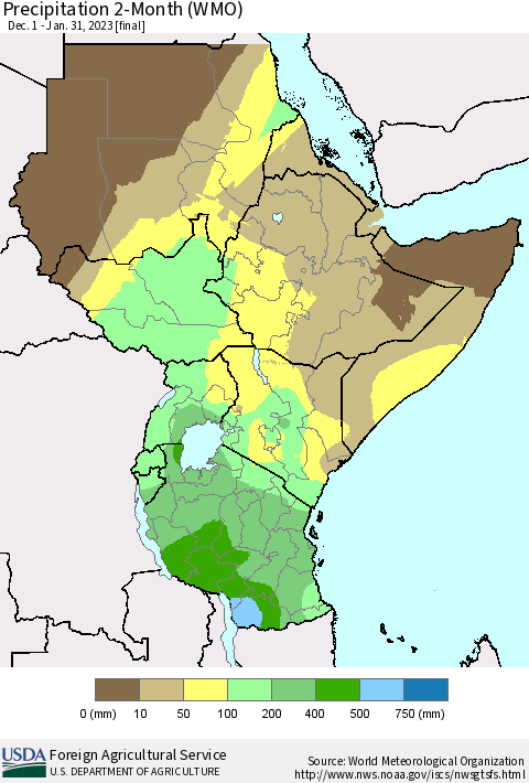 Eastern Africa Precipitation 2-Month (WMO) Thematic Map For 12/1/2022 - 1/31/2023