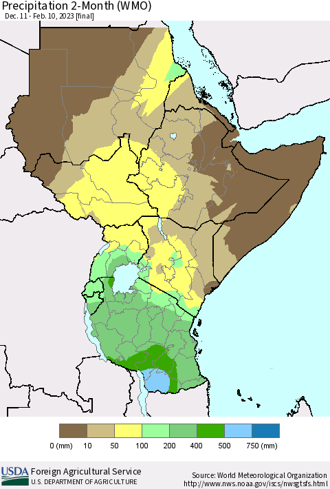 Eastern Africa Precipitation 2-Month (WMO) Thematic Map For 12/11/2022 - 2/10/2023