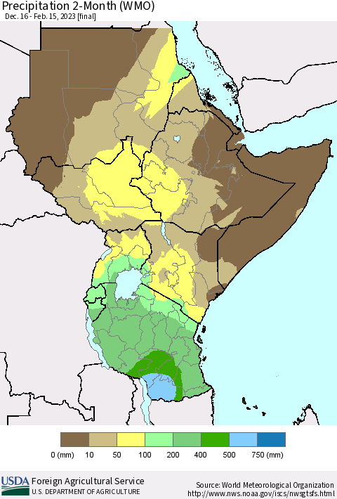 Eastern Africa Precipitation 2-Month (WMO) Thematic Map For 12/16/2022 - 2/15/2023