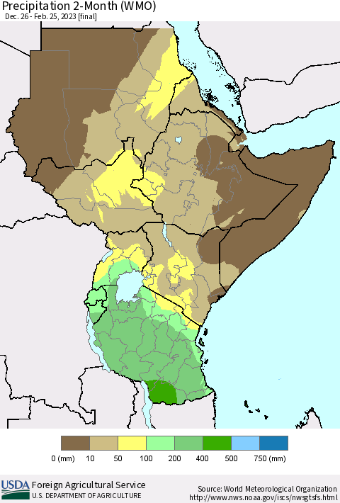 Eastern Africa Precipitation 2-Month (WMO) Thematic Map For 12/26/2022 - 2/25/2023