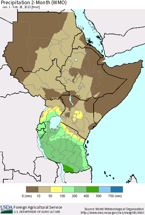Eastern Africa Precipitation 2-Month (WMO) Thematic Map For 1/1/2023 - 2/28/2023