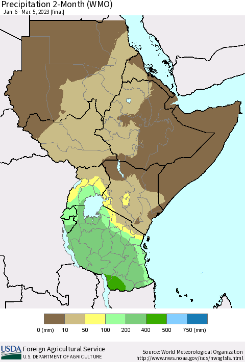 Eastern Africa Precipitation 2-Month (WMO) Thematic Map For 1/6/2023 - 3/5/2023
