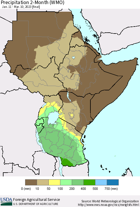 Eastern Africa Precipitation 2-Month (WMO) Thematic Map For 1/11/2023 - 3/10/2023