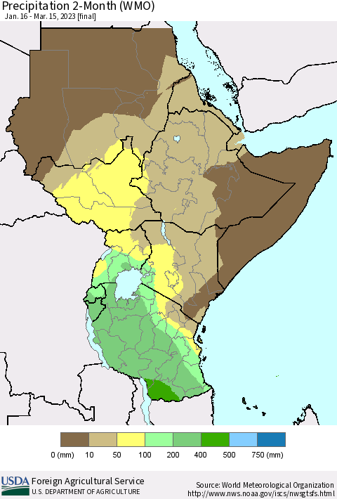 Eastern Africa Precipitation 2-Month (WMO) Thematic Map For 1/16/2023 - 3/15/2023