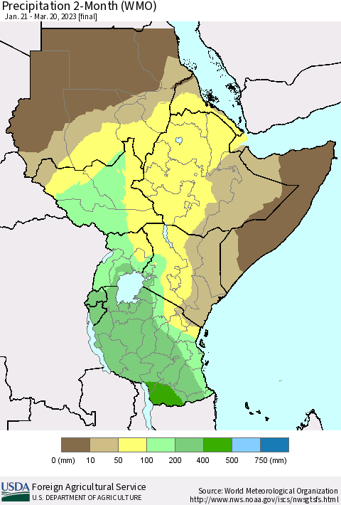 Eastern Africa Precipitation 2-Month (WMO) Thematic Map For 1/21/2023 - 3/20/2023