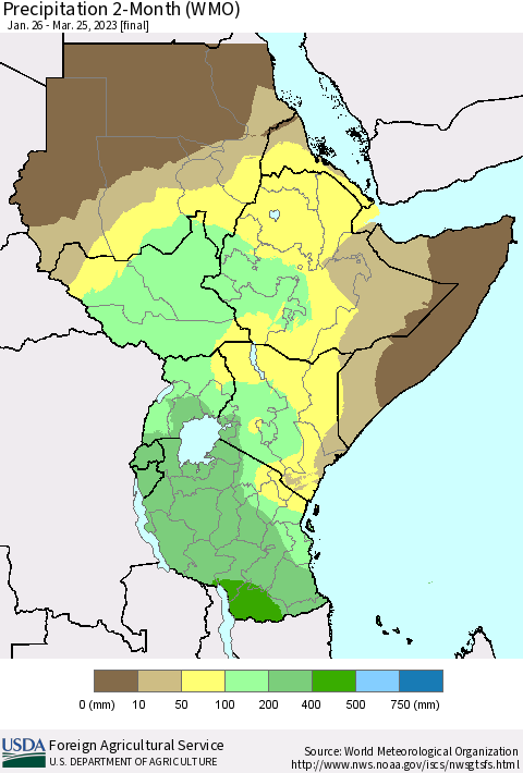 Eastern Africa Precipitation 2-Month (WMO) Thematic Map For 1/26/2023 - 3/25/2023