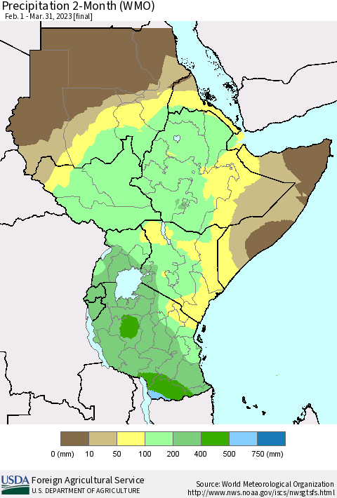 Eastern Africa Precipitation 2-Month (WMO) Thematic Map For 2/1/2023 - 3/31/2023