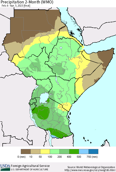 Eastern Africa Precipitation 2-Month (WMO) Thematic Map For 2/6/2023 - 4/5/2023