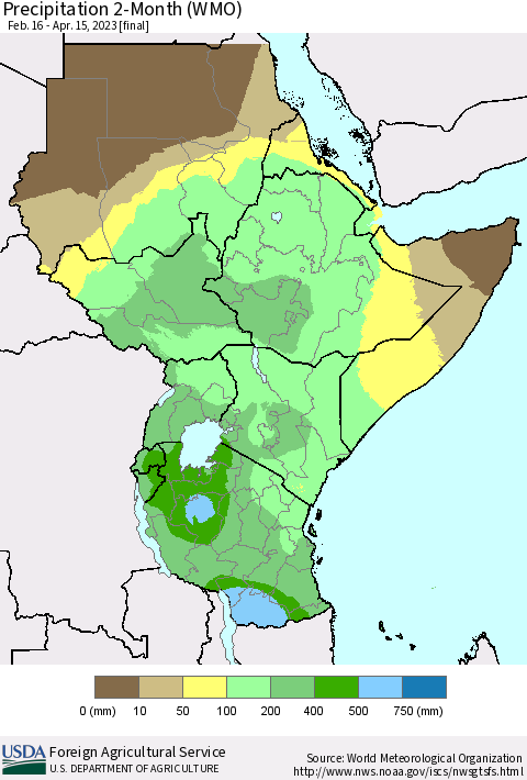 Eastern Africa Precipitation 2-Month (WMO) Thematic Map For 2/16/2023 - 4/15/2023
