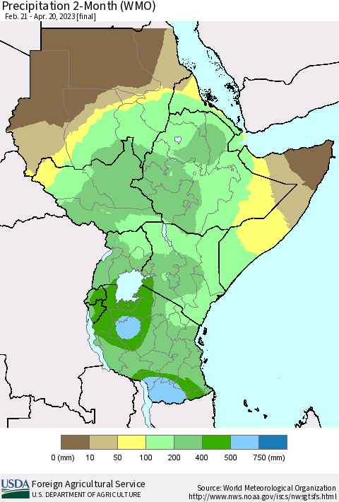 Eastern Africa Precipitation 2-Month (WMO) Thematic Map For 2/21/2023 - 4/20/2023