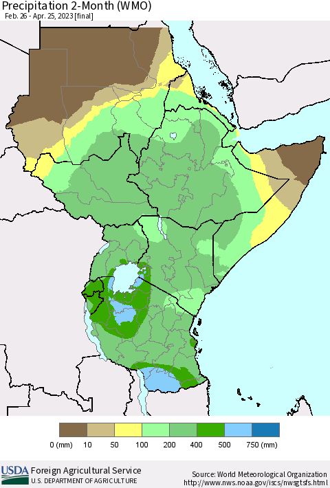 Eastern Africa Precipitation 2-Month (WMO) Thematic Map For 2/26/2023 - 4/25/2023