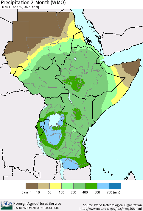 Eastern Africa Precipitation 2-Month (WMO) Thematic Map For 3/1/2023 - 4/30/2023