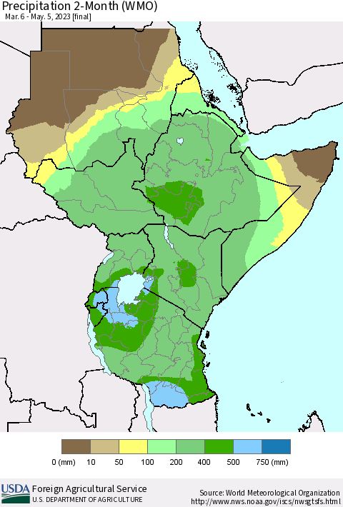 Eastern Africa Precipitation 2-Month (WMO) Thematic Map For 3/6/2023 - 5/5/2023