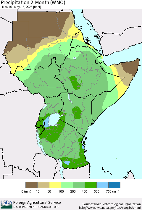 Eastern Africa Precipitation 2-Month (WMO) Thematic Map For 3/16/2023 - 5/15/2023
