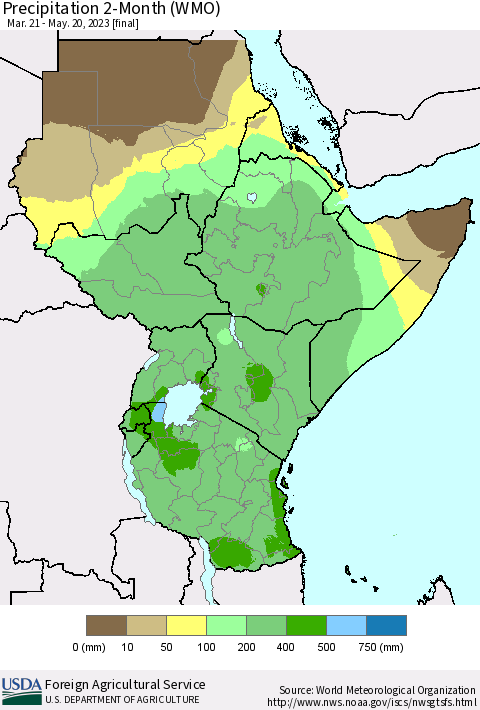 Eastern Africa Precipitation 2-Month (WMO) Thematic Map For 3/21/2023 - 5/20/2023