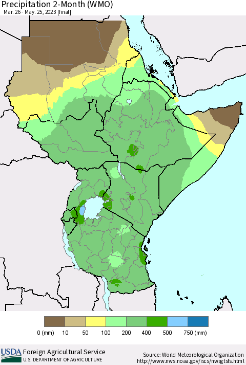 Eastern Africa Precipitation 2-Month (WMO) Thematic Map For 3/26/2023 - 5/25/2023