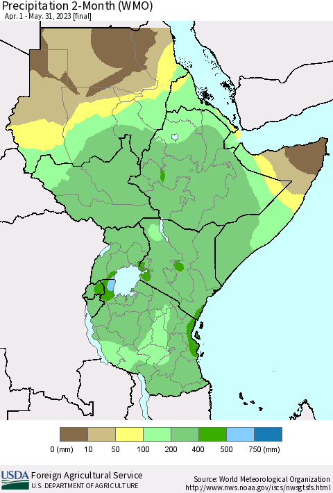Eastern Africa Precipitation 2-Month (WMO) Thematic Map For 4/1/2023 - 5/31/2023