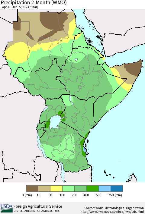 Eastern Africa Precipitation 2-Month (WMO) Thematic Map For 4/6/2023 - 6/5/2023