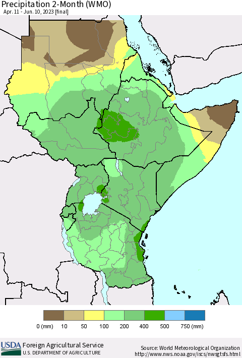 Eastern Africa Precipitation 2-Month (WMO) Thematic Map For 4/11/2023 - 6/10/2023