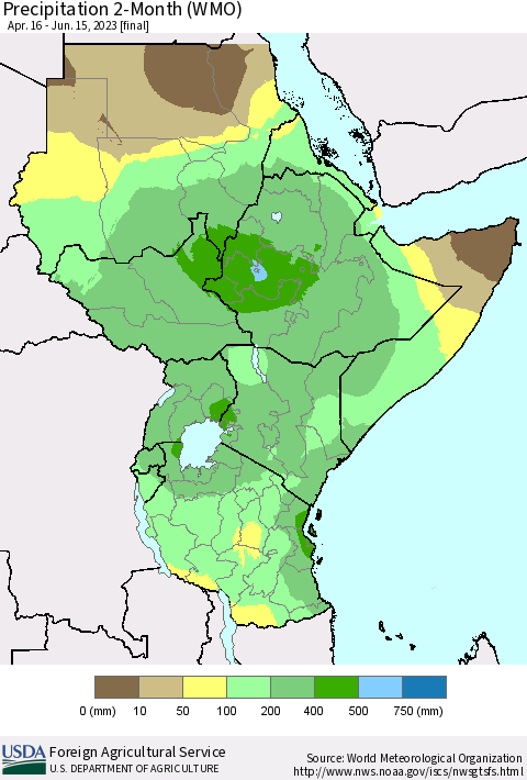 Eastern Africa Precipitation 2-Month (WMO) Thematic Map For 4/16/2023 - 6/15/2023