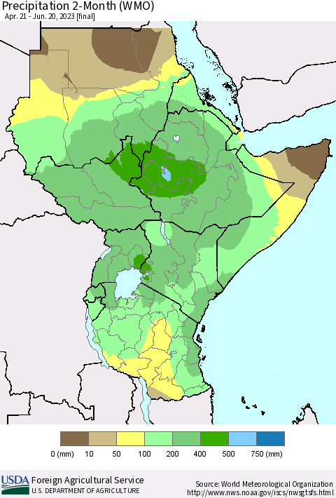 Eastern Africa Precipitation 2-Month (WMO) Thematic Map For 4/21/2023 - 6/20/2023