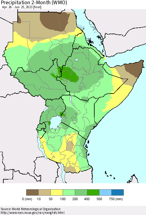 Eastern Africa Precipitation 2-Month (WMO) Thematic Map For 4/26/2023 - 6/25/2023