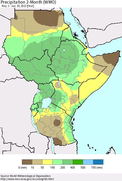 Eastern Africa Precipitation 2-Month (WMO) Thematic Map For 5/1/2023 - 6/30/2023