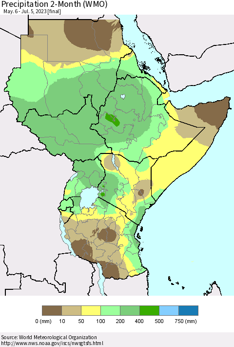 Eastern Africa Precipitation 2-Month (WMO) Thematic Map For 5/6/2023 - 7/5/2023