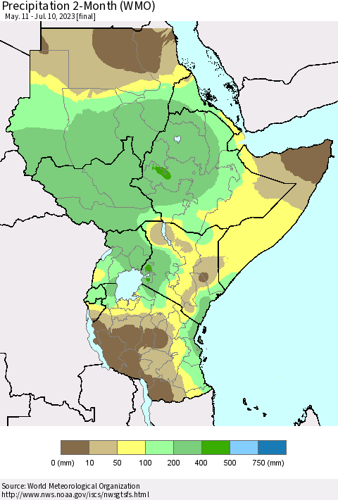 Eastern Africa Precipitation 2-Month (WMO) Thematic Map For 5/11/2023 - 7/10/2023