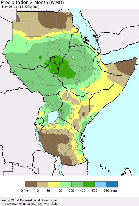 Eastern Africa Precipitation 2-Month (WMO) Thematic Map For 5/16/2023 - 7/15/2023