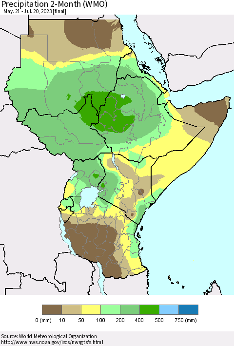 Eastern Africa Precipitation 2-Month (WMO) Thematic Map For 5/21/2023 - 7/20/2023
