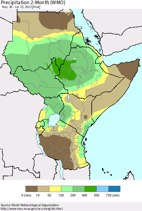 Eastern Africa Precipitation 2-Month (WMO) Thematic Map For 5/26/2023 - 7/25/2023