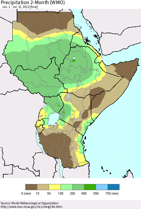 Eastern Africa Precipitation 2-Month (WMO) Thematic Map For 6/1/2023 - 7/31/2023