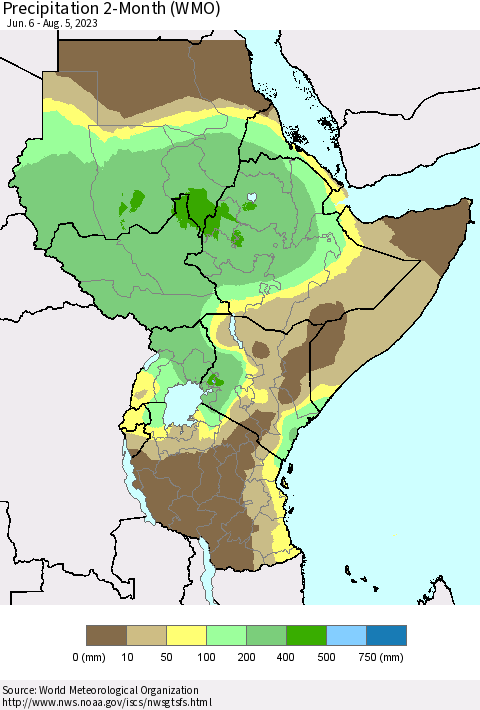 Eastern Africa Precipitation 2-Month (WMO) Thematic Map For 6/6/2023 - 8/5/2023