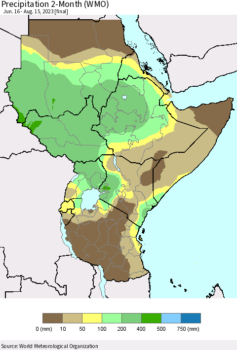 Eastern Africa Precipitation 2-Month (WMO) Thematic Map For 6/16/2023 - 8/15/2023