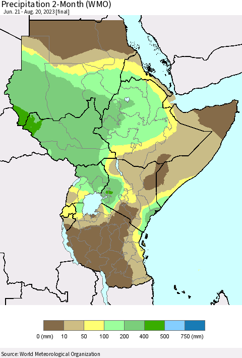 Eastern Africa Precipitation 2-Month (WMO) Thematic Map For 6/21/2023 - 8/20/2023
