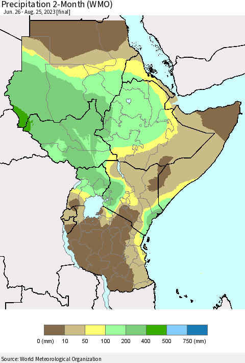 Eastern Africa Precipitation 2-Month (WMO) Thematic Map For 6/26/2023 - 8/25/2023