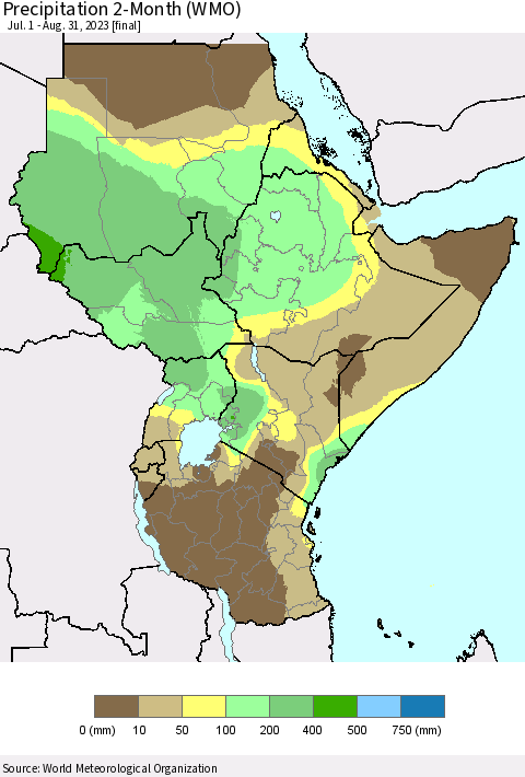 Eastern Africa Precipitation 2-Month (WMO) Thematic Map For 7/1/2023 - 8/31/2023