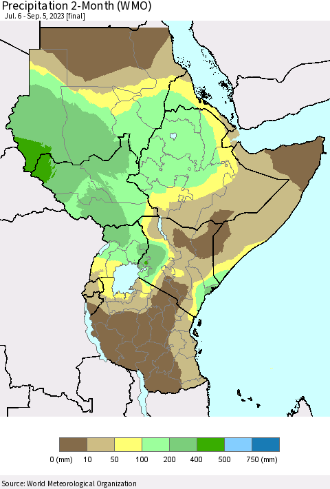 Eastern Africa Precipitation 2-Month (WMO) Thematic Map For 7/6/2023 - 9/5/2023